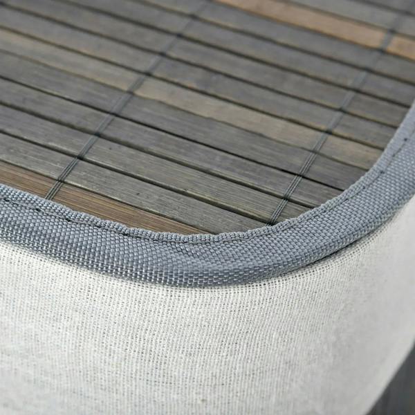 Close-up of grey fabric liner with stitched edge and inner wooden slat panels visible