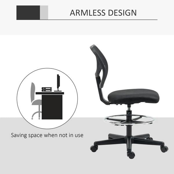 Black armless standing desk chair with curved mesh back, padded seat, and chrome footrest base
