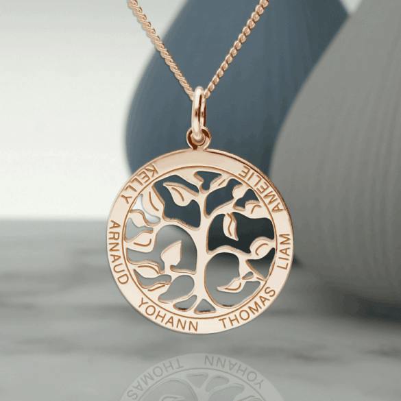 Christopher James of London 9ct Rose Gold Plated Filigree Tree of Life Disc Personalised Family Necklace