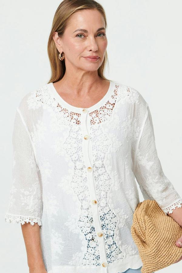 White | Lace Sheer Texture 3/4 Sleeve Blouse