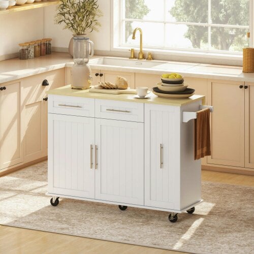 HOMCOM Kitchen Island on Wheels Drop Leaf Pull-out Storage Towel Rack, White