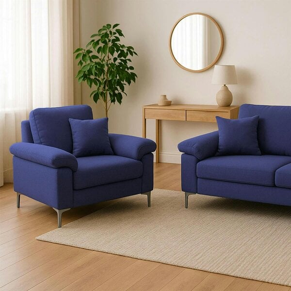 Kosy Koala Modern Blue Fabric Sofa Set 2 1 Seater with Chrome Legs & Cushions