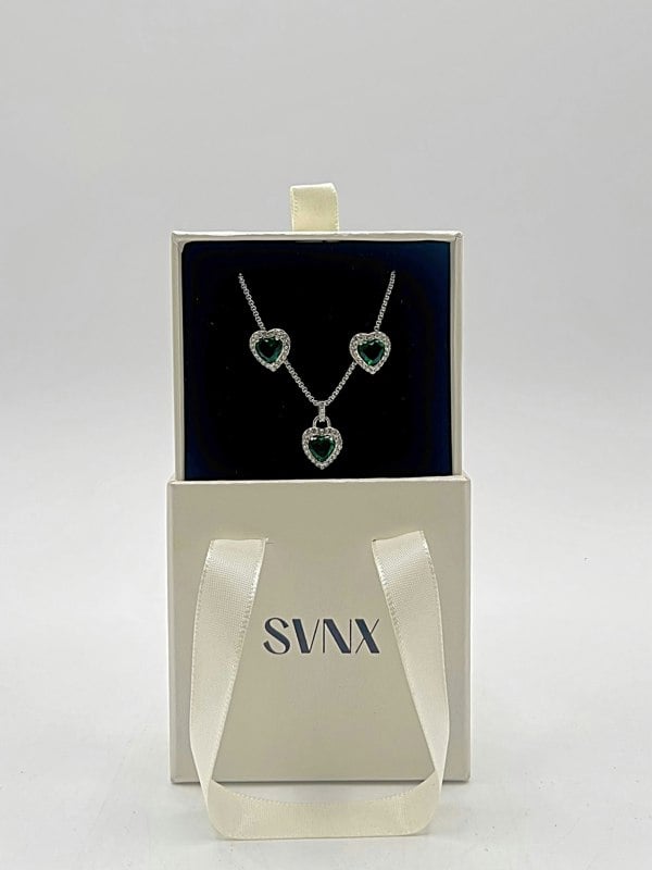 SVNX Green Diamante Heart Necklace and Earrings Set in Silver Colour