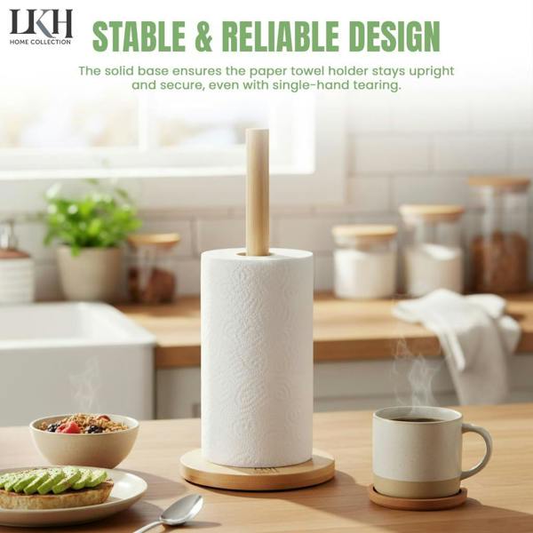LKH HOME COLLECTION Bamboo Kitchen Roll Holder – Freestanding Paper Towel Holder with Sturdy Base - Organic Natural Bamboo Tissue Stand