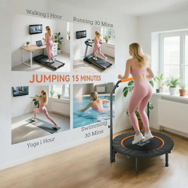 Mini fitness trampoline with orange trim for home cardio; person jumping
