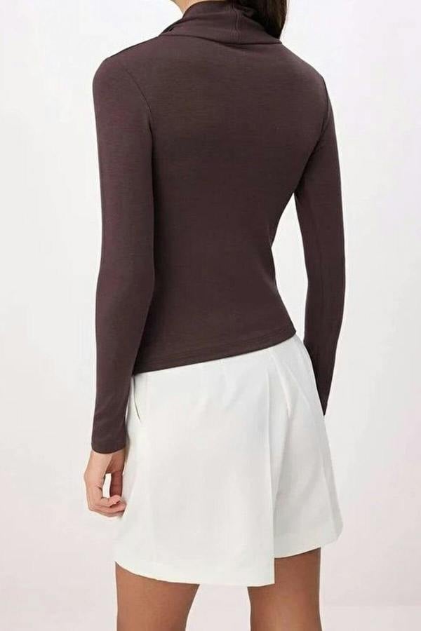 WOVCOR Fitted Scarf Collar Long-Sleeved Cotton Knit Blouse