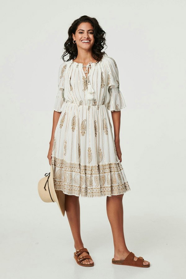 Cream | Ikat Print Knee Length Bardot Dress
