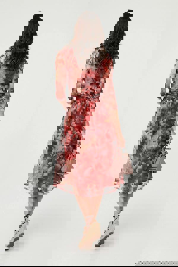 Rust | Floral 3/4 Sleeve Mesh Midi Wrap Dress