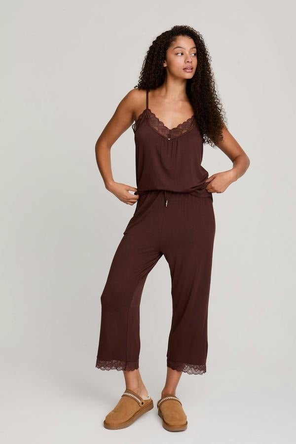 Bamboo Lace Cami Cropped Trouser Pyjama Set in Chocolate - Pajamas