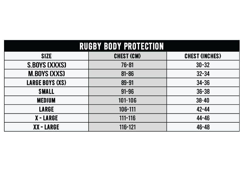 Optimum rugby body protection size chart with chest measurements in cm and inches - Optimum