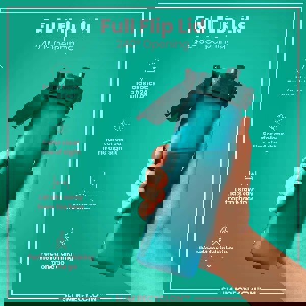 A teal water bottle with a dark teal flip lid is held. The lid folds back 240°. The background is teal. Full Flip Lid 240° Opening. SLIM RECYCLON™.