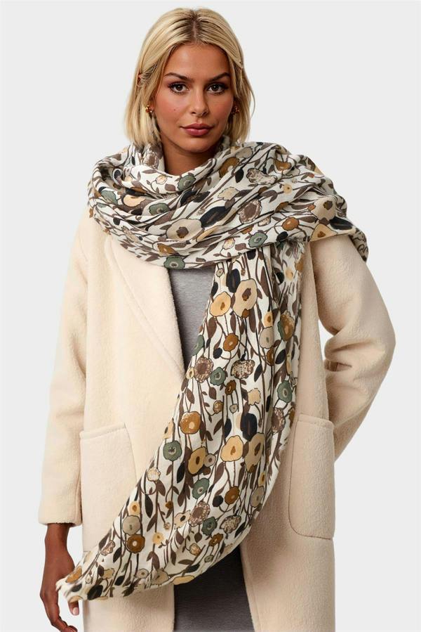 FS Collection Floral Print Fringed edges Scarf In Brown