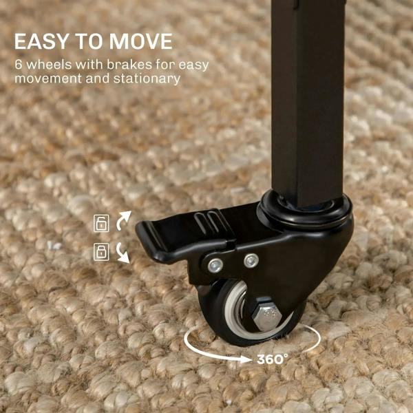 Black caster wheel under rustic brown table leg with 360-degree swivel