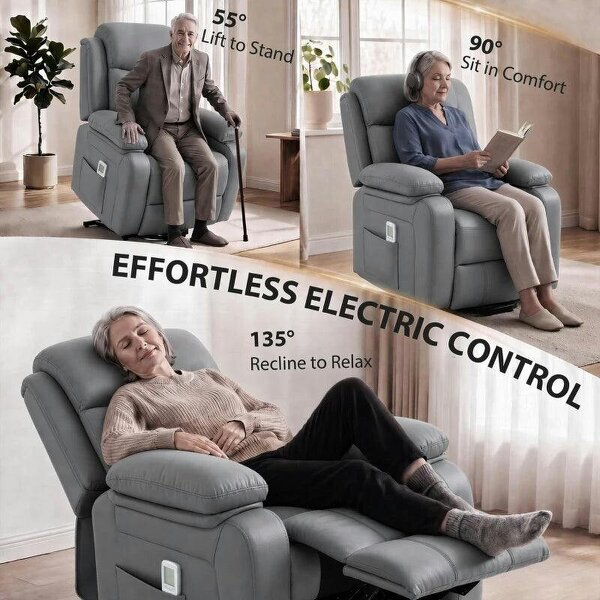 Riser and Recliner Chair with Massage, PU Leather Power Electric Lift Chair for Elderly with High Back, Grey