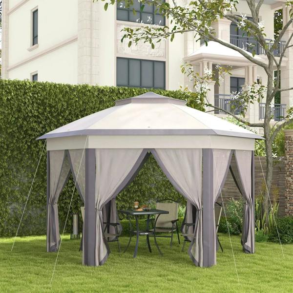 Beige hexagon garden gazebo with mesh curtains and double roof canopy