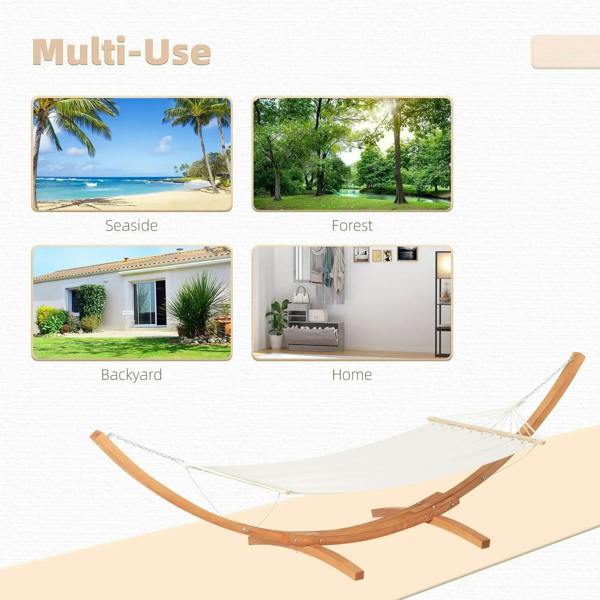 White hammock swing on wooden stand with multi-use setting icons