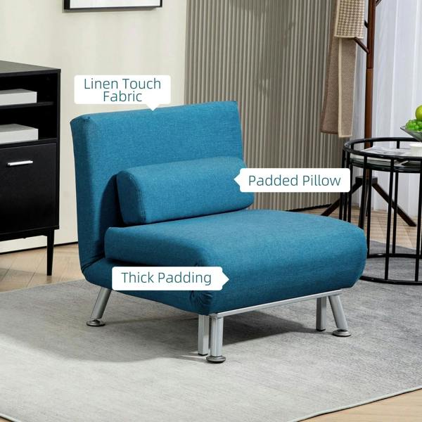 Blue sleeper chair with padded headrest, thick cushions, silver metal legs