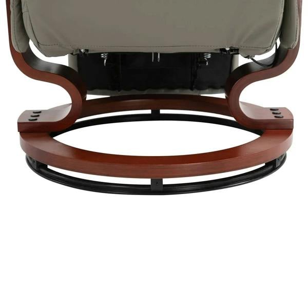 Grey swivel base with dark support ring and brown curved arm supports under the seat.
