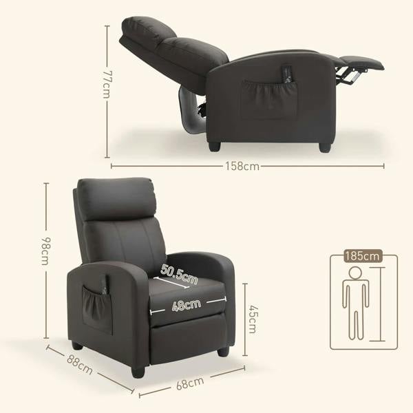 Brown faux leather push-back recliner armchair with adjustable leg rest and side pocket