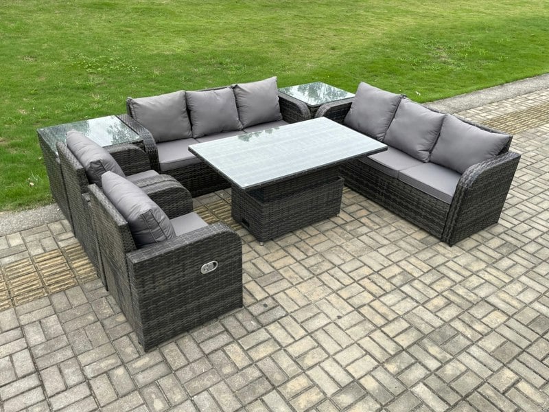 Fimous Dark Grey Mixed PE Rattan Outdoor Dining Set - Height Adjustable Lifting Table, Reclining Chair & 2 Side Tables