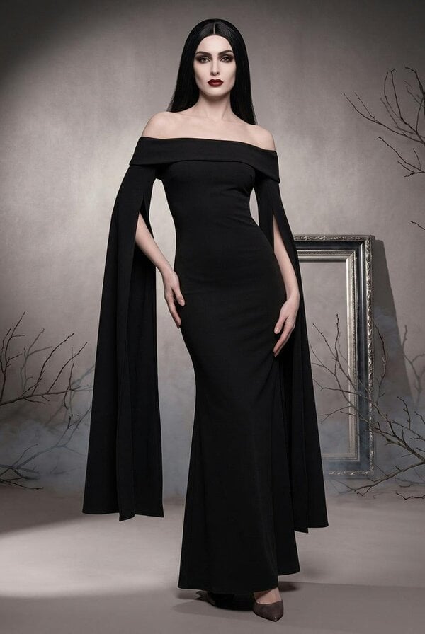 Goddiva Long Cape Sleeve Maxi Morticia Addams -Inspired Halloween Costume - Black by Goddiva