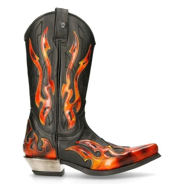 New Rock Flame Accented Black/Red Mid-Calf Cowboy Boots-7921-S2