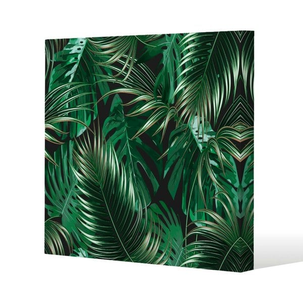 Benjamin Tate Design Tropical Leaves on Black Slim Style Canvas Print  90x90cm , 15mm Slim Real wood.