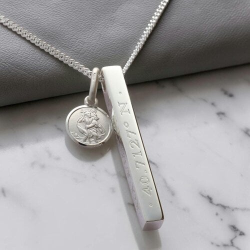 Christopher James of London Personalised Sterling Silver 3D Bar & St Christopher Necklace