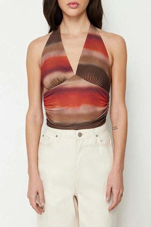 WOVCOR Halter Neck Patterned Fitted Crop Knit Blouse