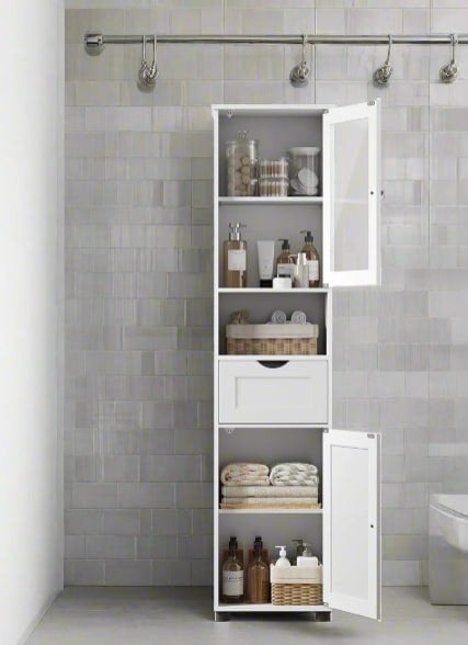 Modcraft Free-Standing Tall Bathroom Cabinet with Drawer, Glass Door & Open Shelf - Cloud White