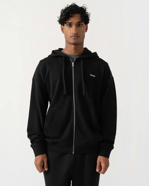 Front of HUGO Dapozip Mens Cotton-terry zip-up hoodie with logo print - Black 001