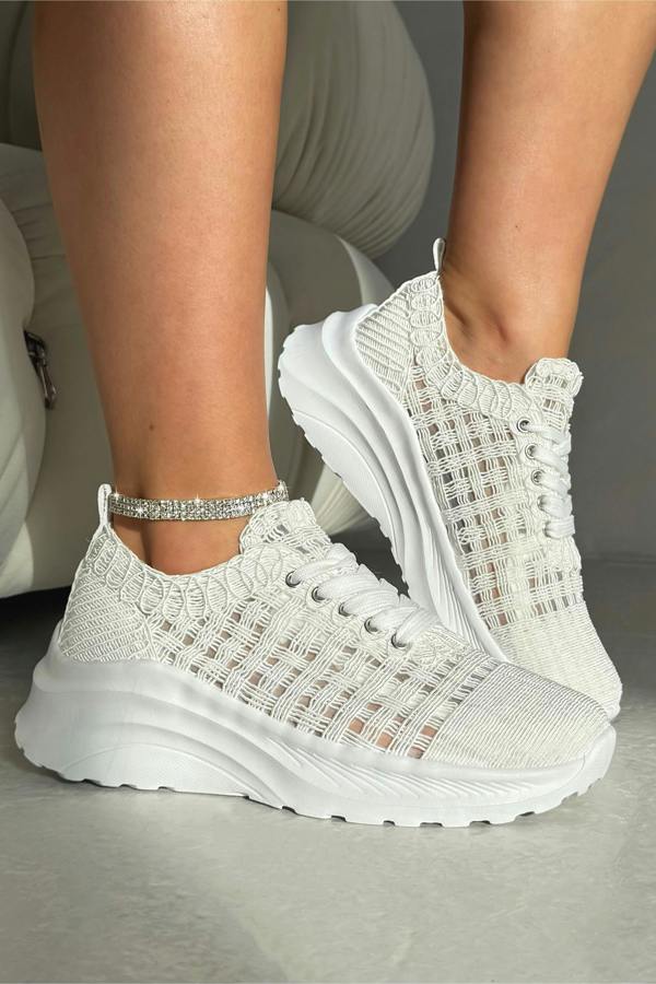 Flex Cloud Knit Mesh Lace-Up Chunky Trainers White featuring lace-up fastening