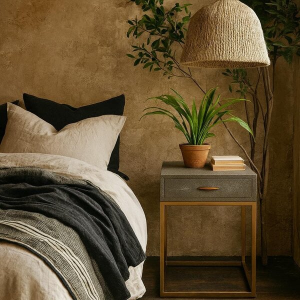 Wyld Haus Mandalo Taupe Shagreen and Brass One Drawer Side Table