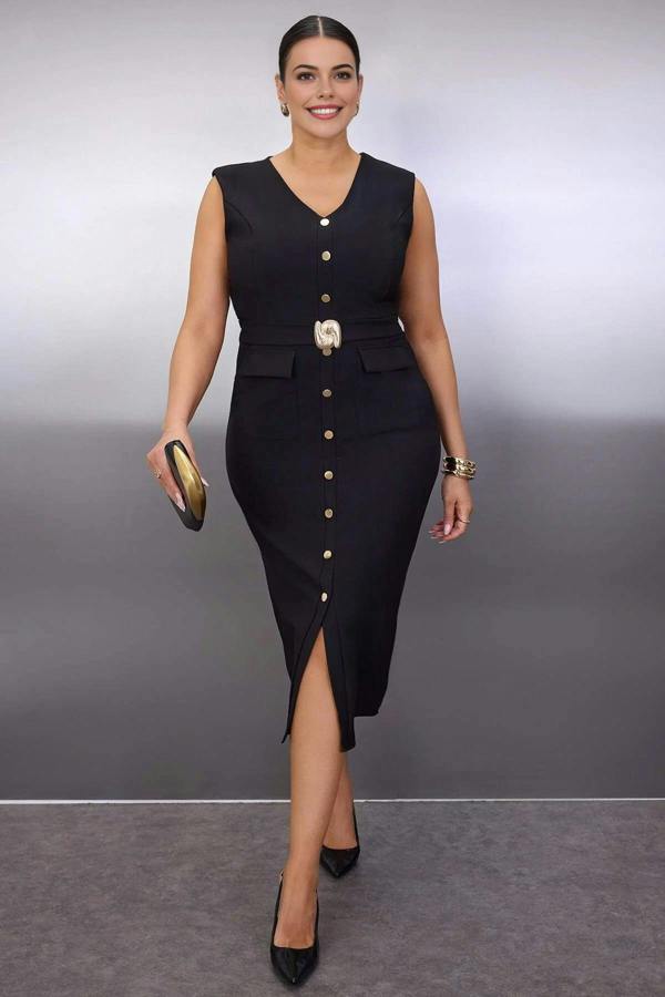 WOVCOR Belted Accessory Detail Midi Woven Dress