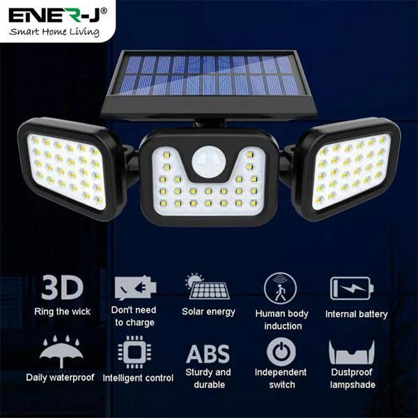 ENER-J Solar Sensor 3 Heads  Wall Light, 2400 mAh, 6000-6500K