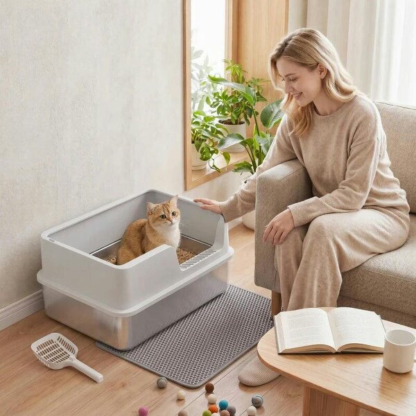 XL Stainless Steel Cat Litter Tray with Lid, High Sided Cat Litter Box with Scoop and Mat, Light Grey