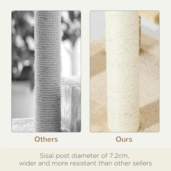 Beige cat tree scratching posts with textured sisal rope and padded surfaces