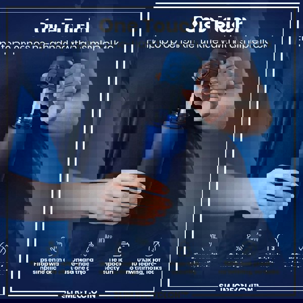 A person opens a blue ION8 water bottle's flip top with one hand. The bottle has a triple lock security feature and is leakproof. The context is a product advertisement.