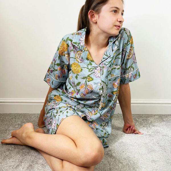 Hayley & Co Pale Blue Block Print Floral 100% Cotton Short Pyjama Set