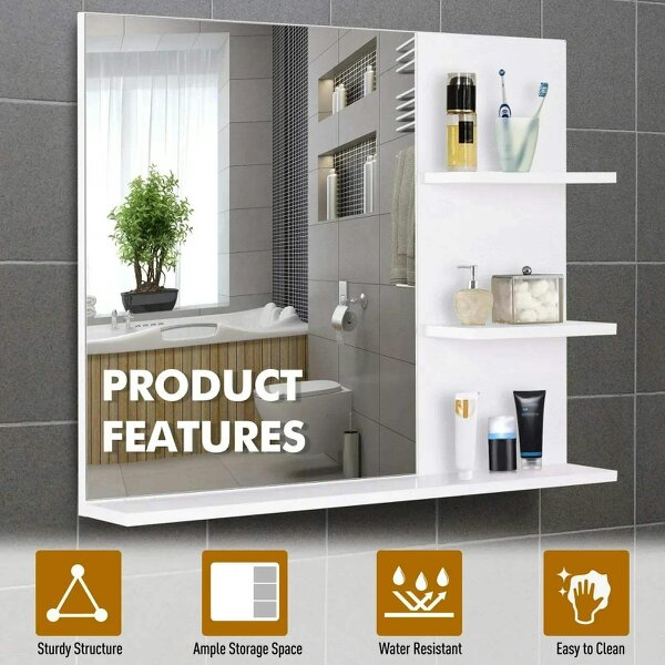 Bobobiy Modern Bathroom Mirror, Wall-mounted Vanity Mirror with 3 Tiers Storage Shelves for Make Up, White
