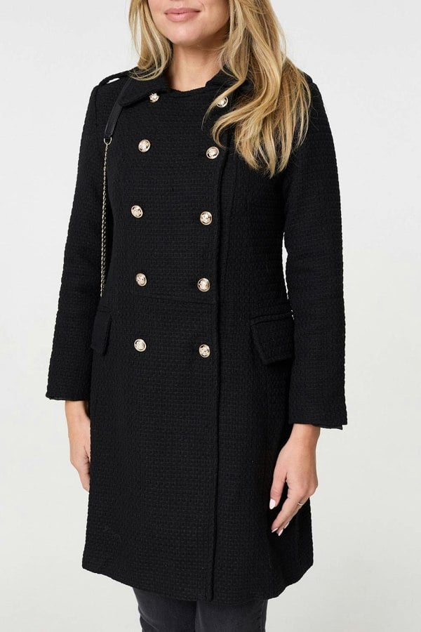 Black | Textured Knit Button Front Trench Coat

