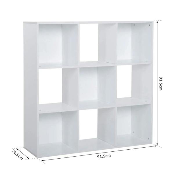 White 9-cube storage unit with open shelves and three rows of cubby compartments