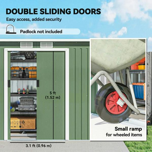 Light green metal shed showing double sliding doors and interior storage racks