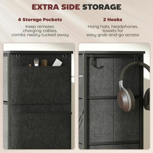 Charcoal grey fabric drawer cabinet with side storage panel and hanging hooks