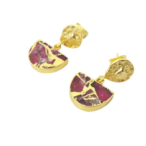 Hammered Ruby July Birthstone Gold Plated Earrings