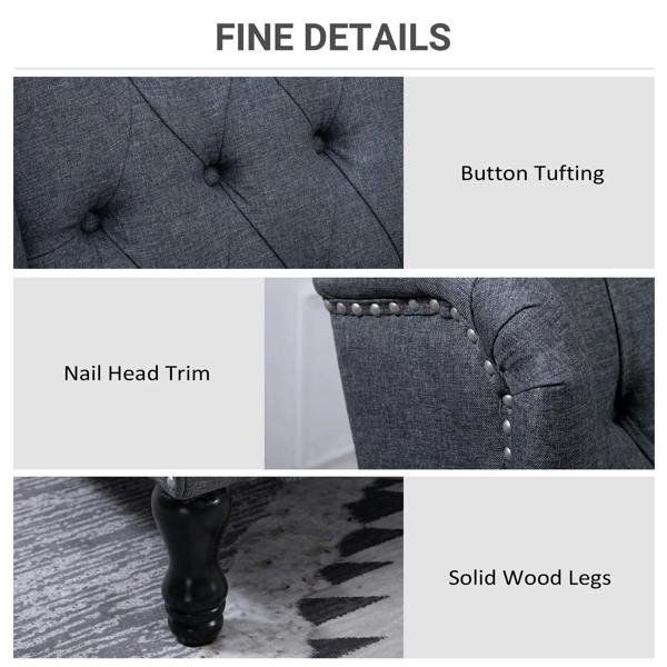Dark grey recliner details: button tufting, nail head trim, and solid wood legs