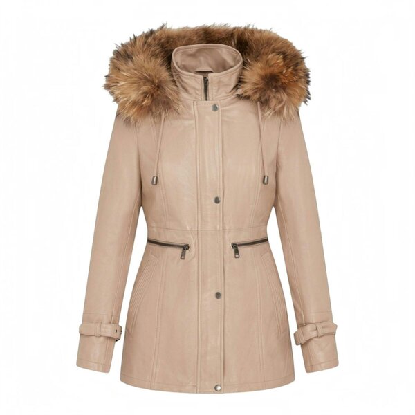 Infinity Leather Womens Leather Hooded Parka Jacket-Putian - Beige