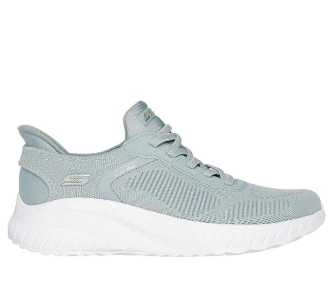 Skechers BOBS Sport Squad Chaos Womens Slip-Ins Sports Shoe Trainers, light gray athletic sneakers with breathable mesh upper and white cushioned sole.