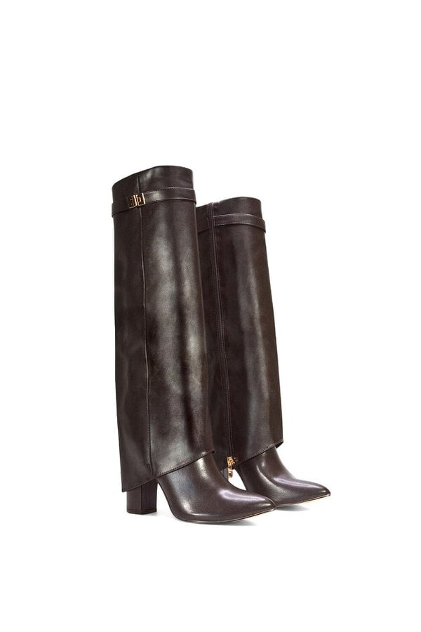 XY LONDON Block Heel Knee High Foldover Boots With Pointed Toe
