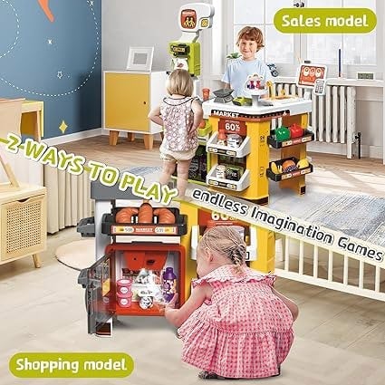 deAO Toys 65 PCS Grocery Store Playset Pretend Supermarket Playset for Kids w/ Shopping Cart Cash Register Play Food Accessories